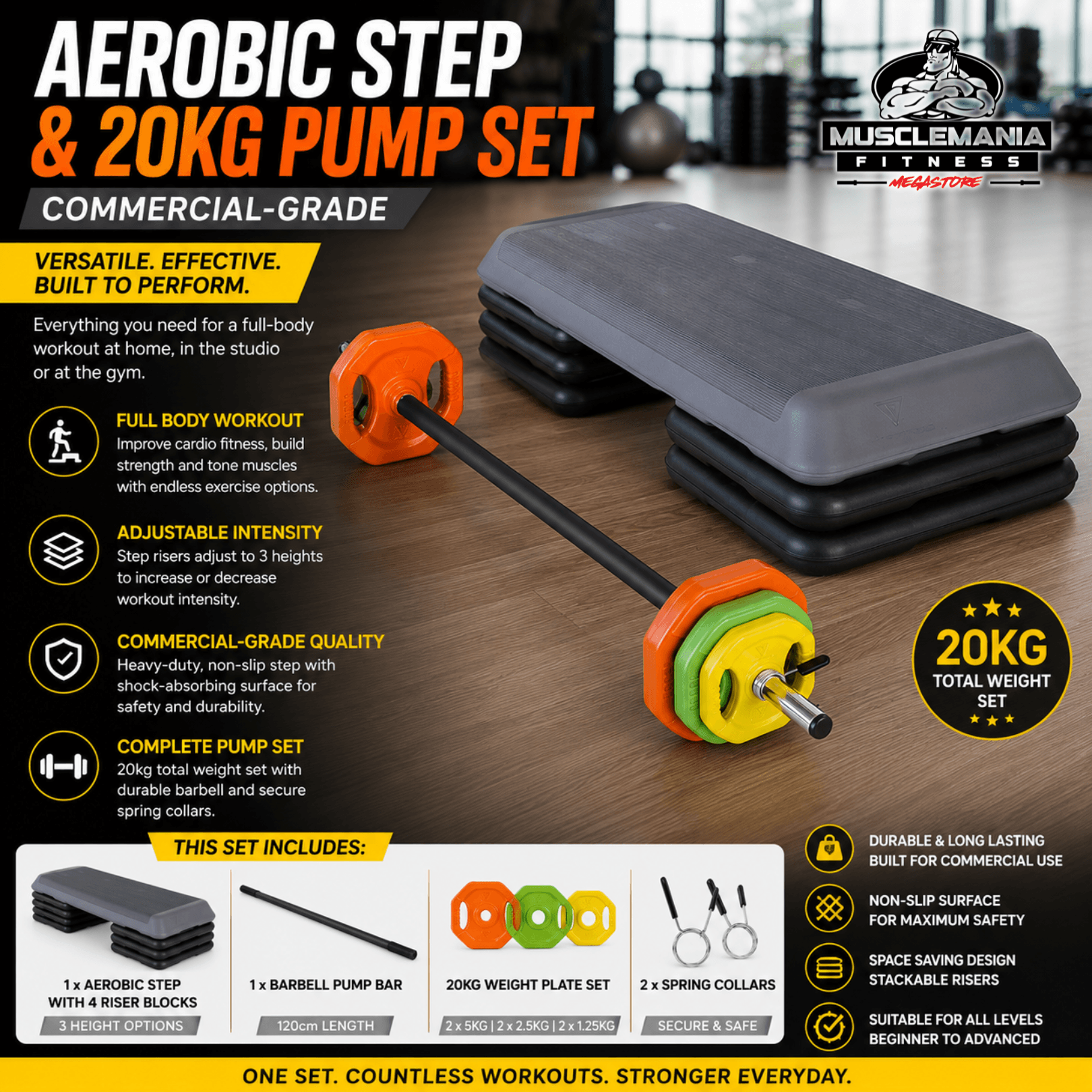 Commercial Aerobic Step & 20kg Pump Set | Complete Studio Fitness Package