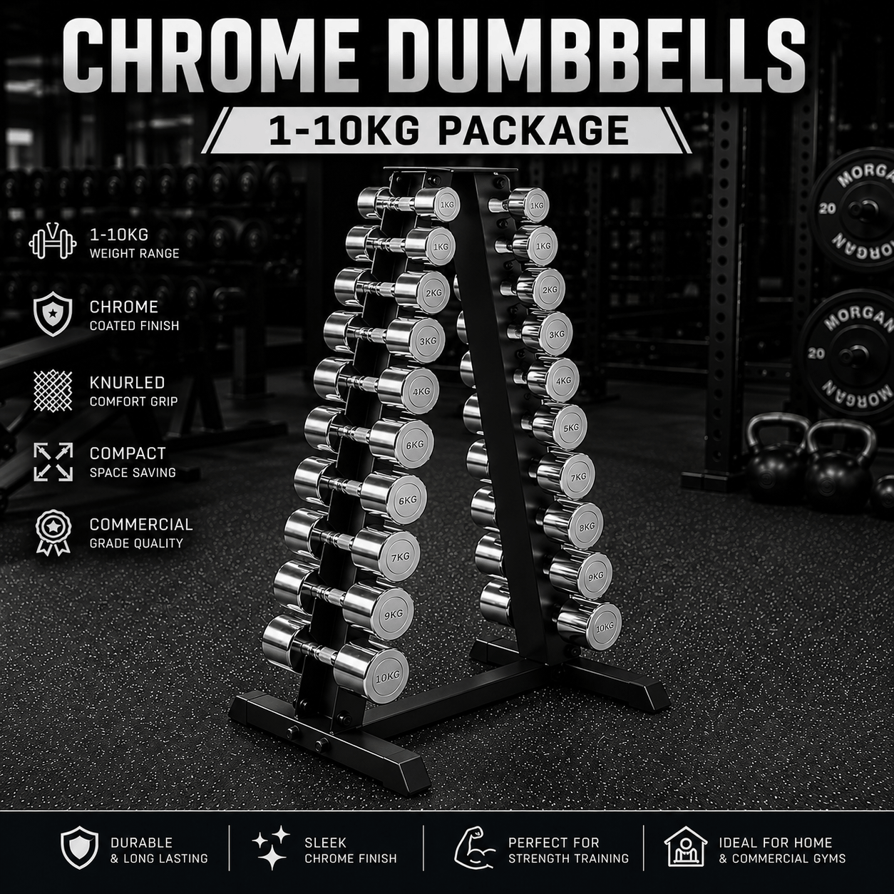 Chrome Dumbbell & Triangle Storage Rack Package | 1–10kg Pairs