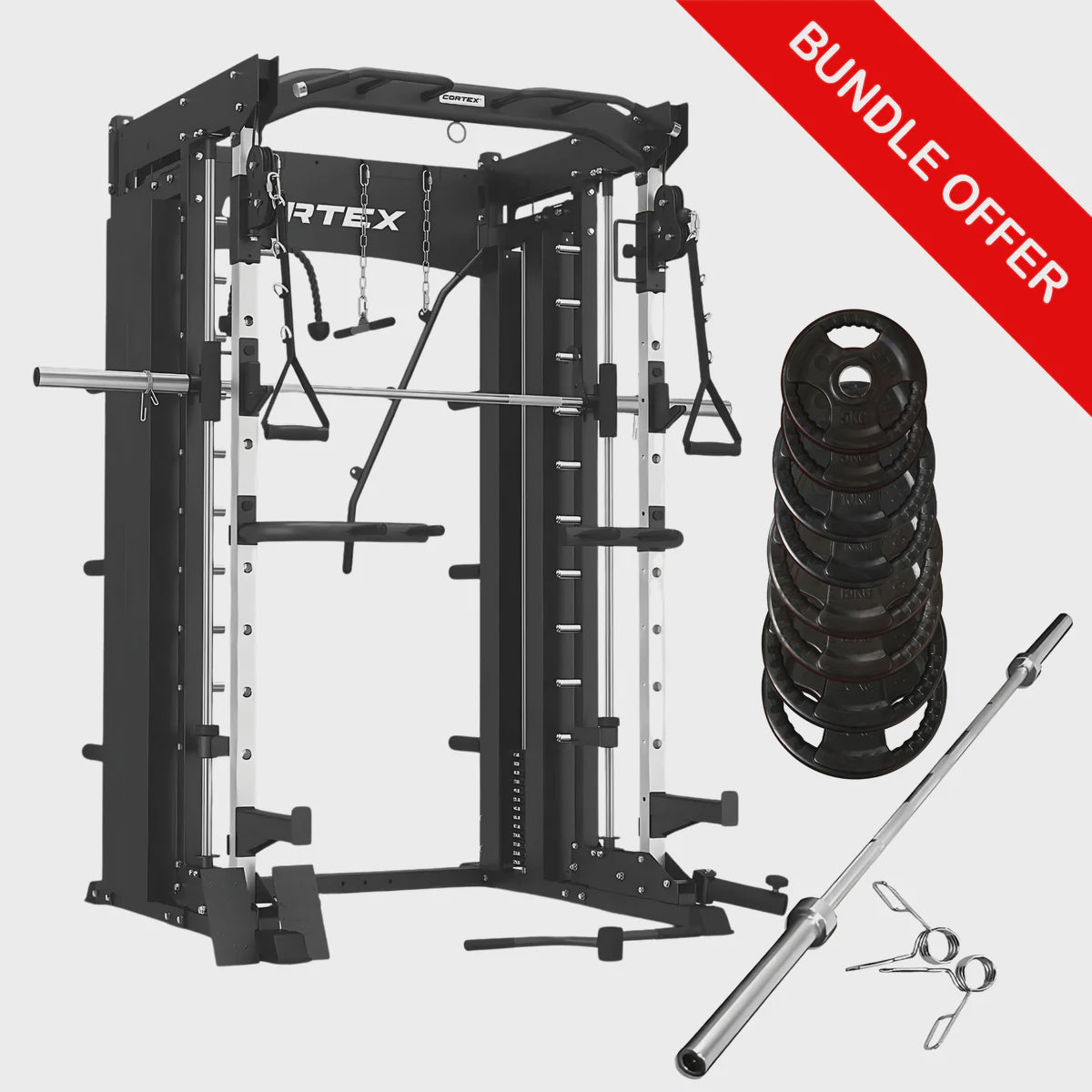 Package Deal: CORTEX SM-26 6-in-1 Power Rack with 100kg of Rubber-Coated Weights & Olympic Bar