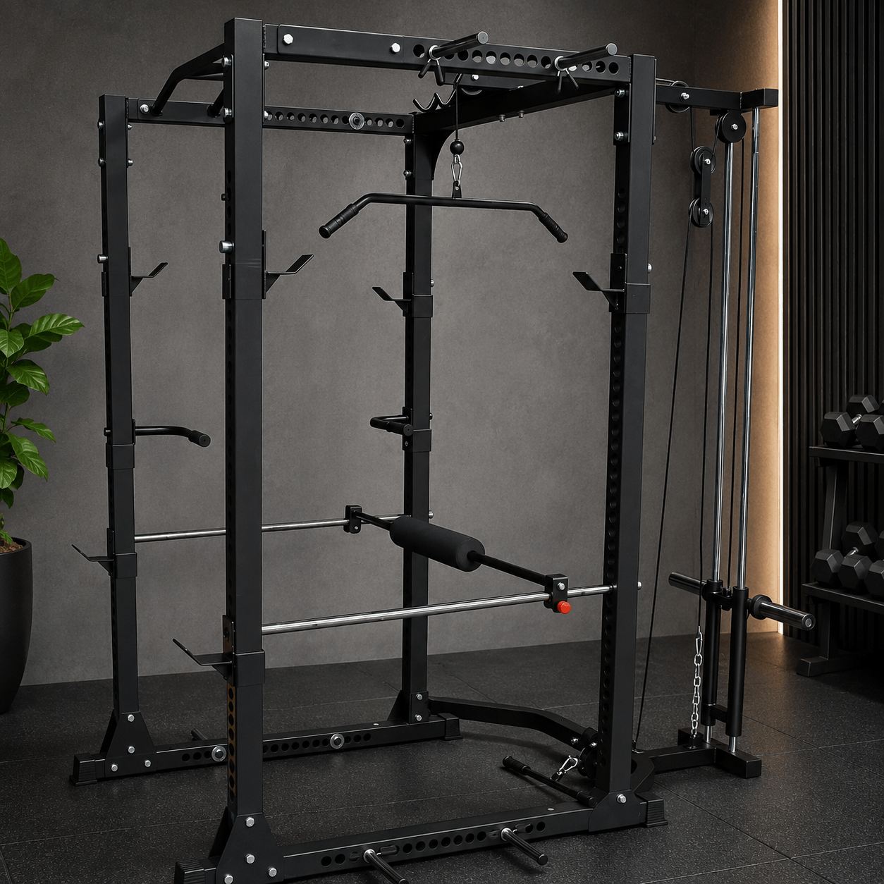 Heavy-Duty Power Cage Package with Lat Pulldown & Low Row Attachment