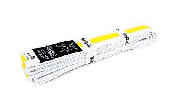 YAMASAKI WHITE MARTIAL ARTS BELTS WITH COLOURED STRIPE | KARATE, BJJ & TAEKWONDO RANK BELTS