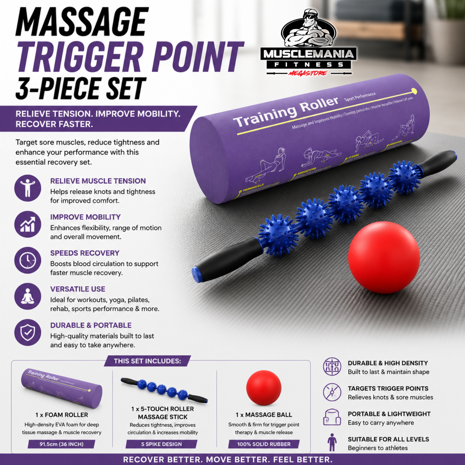 Massage Trigger Point 3-Piece Recovery Set | Foam Roller, Massage Stick & Therapy Ball