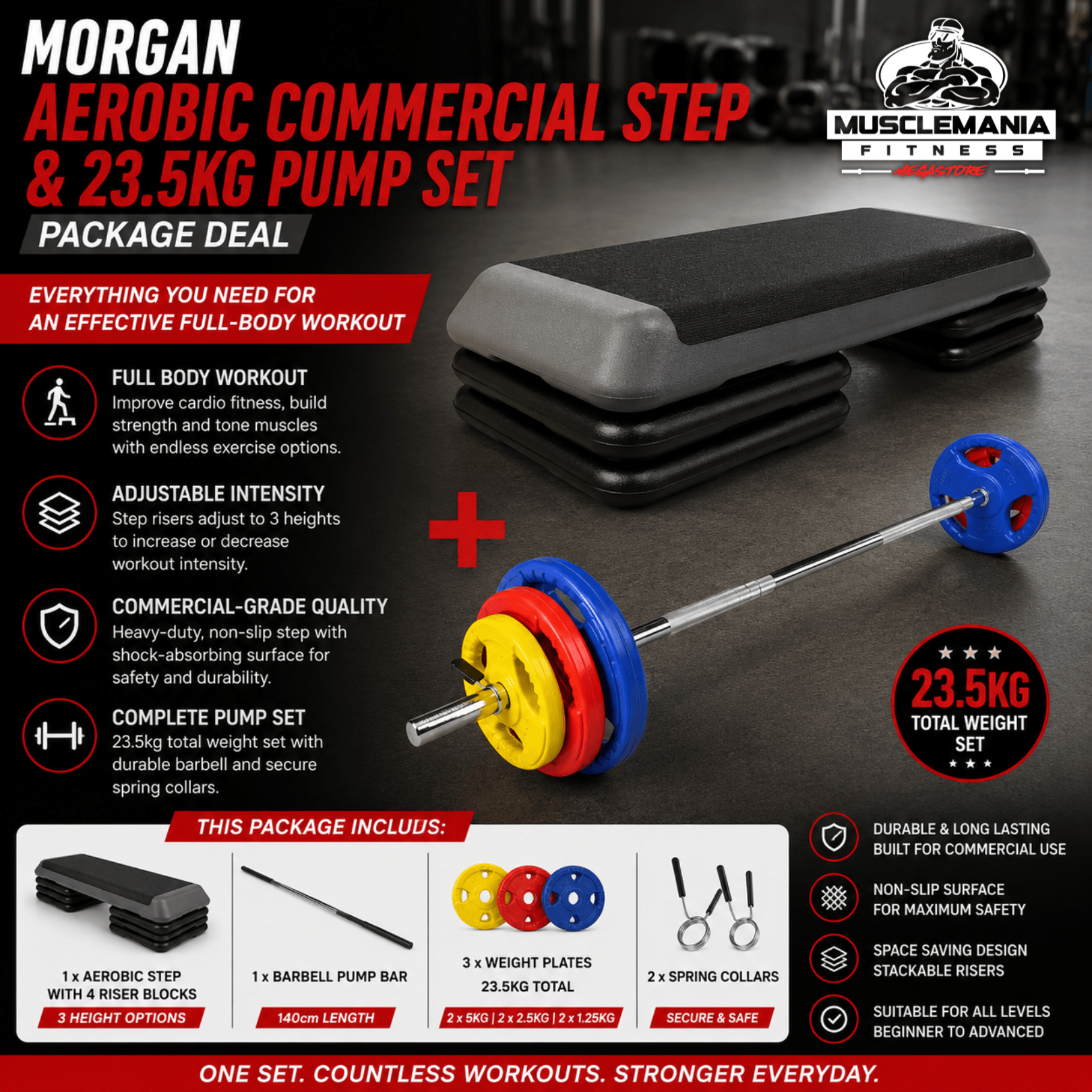 Morgan Aerobic Commercial Step & 23.5kg Pump Set | Complete Studio Fitness Package