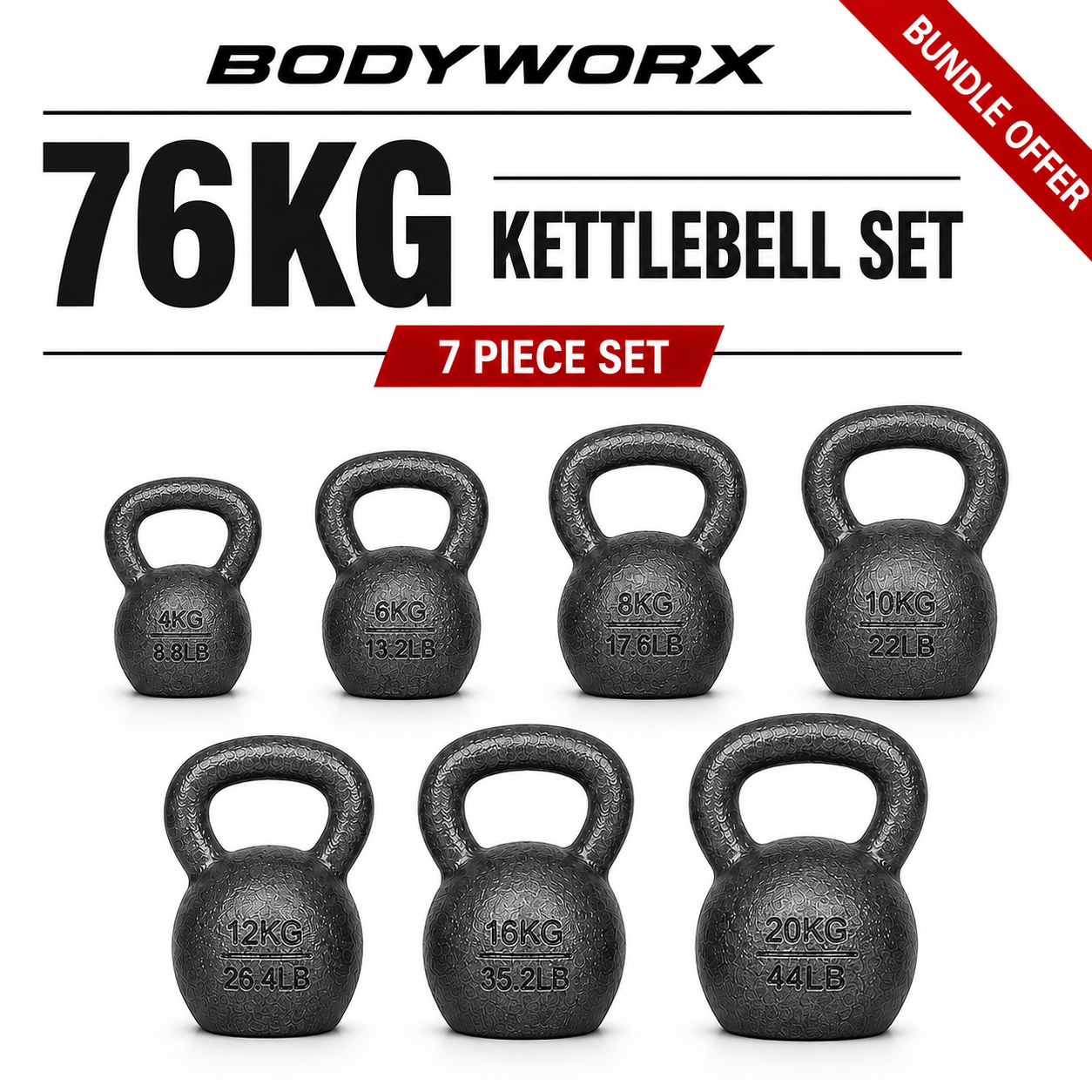 Bodyworx 76kg Cast Iron Kettlebell Set | Full Strength Package