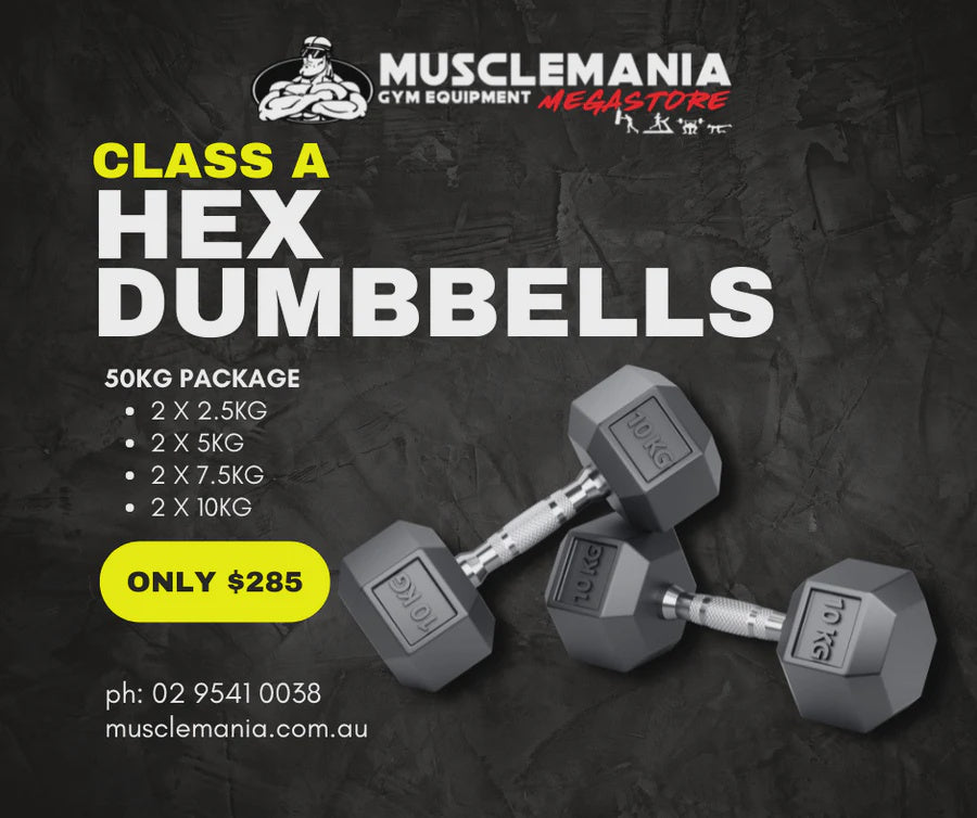 Rubber Hex Dumbbell Set 50kg | Class A Commercial Grade