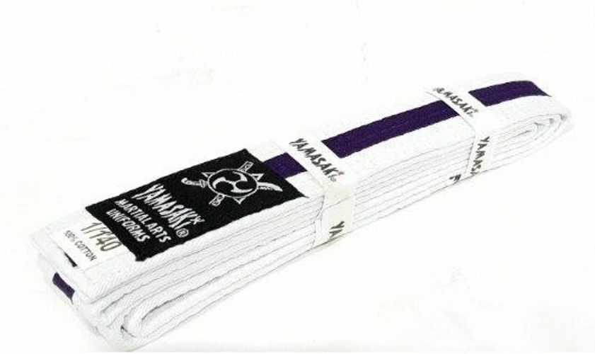 YAMASAKI WHITE MARTIAL ARTS BELTS WITH COLOURED STRIPE | KARATE, BJJ & TAEKWONDO RANK BELTS