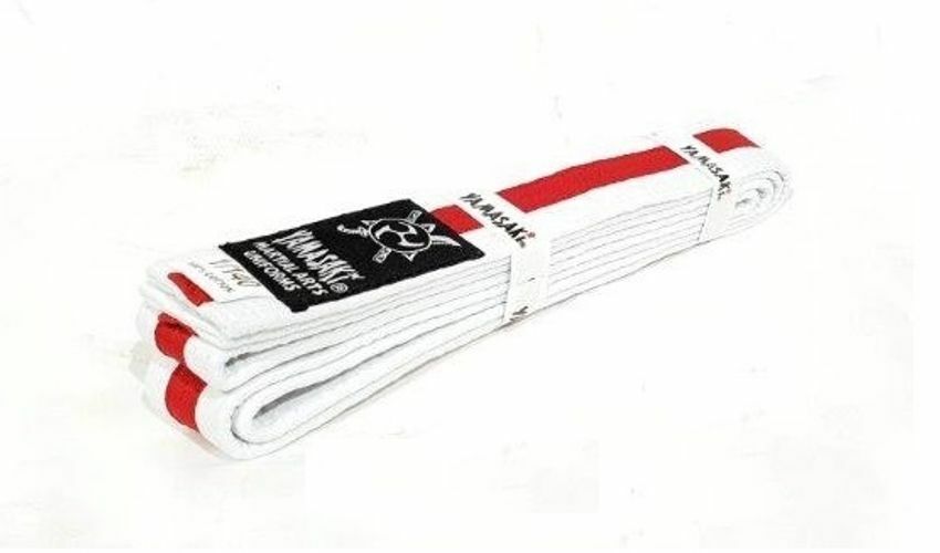 YAMASAKI WHITE MARTIAL ARTS BELTS WITH COLOURED STRIPE | KARATE, BJJ & TAEKWONDO RANK BELTS