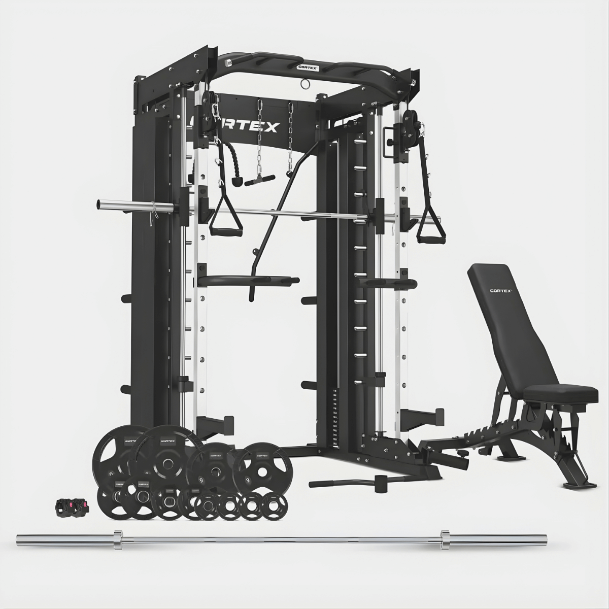 CORTEX SM-26 COMBO: BN-9 Bench + 100KG Olympic Tri-Grip Weight Plate & Barbell Pack