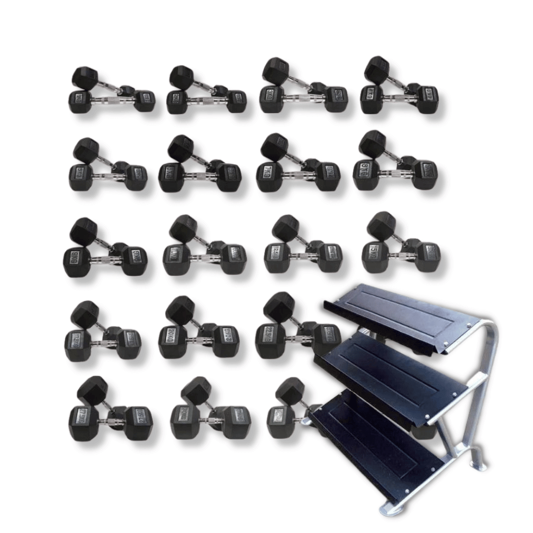 Rubber Hex Dumbbell Set, Class A 5–25kg with Morgan 3-Tier Large Storage Stand | Commercial Strength Package