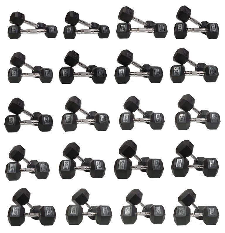 Rubber Hex Dumbbell Set 10–40kg with Rack | Commercial Dumbbells